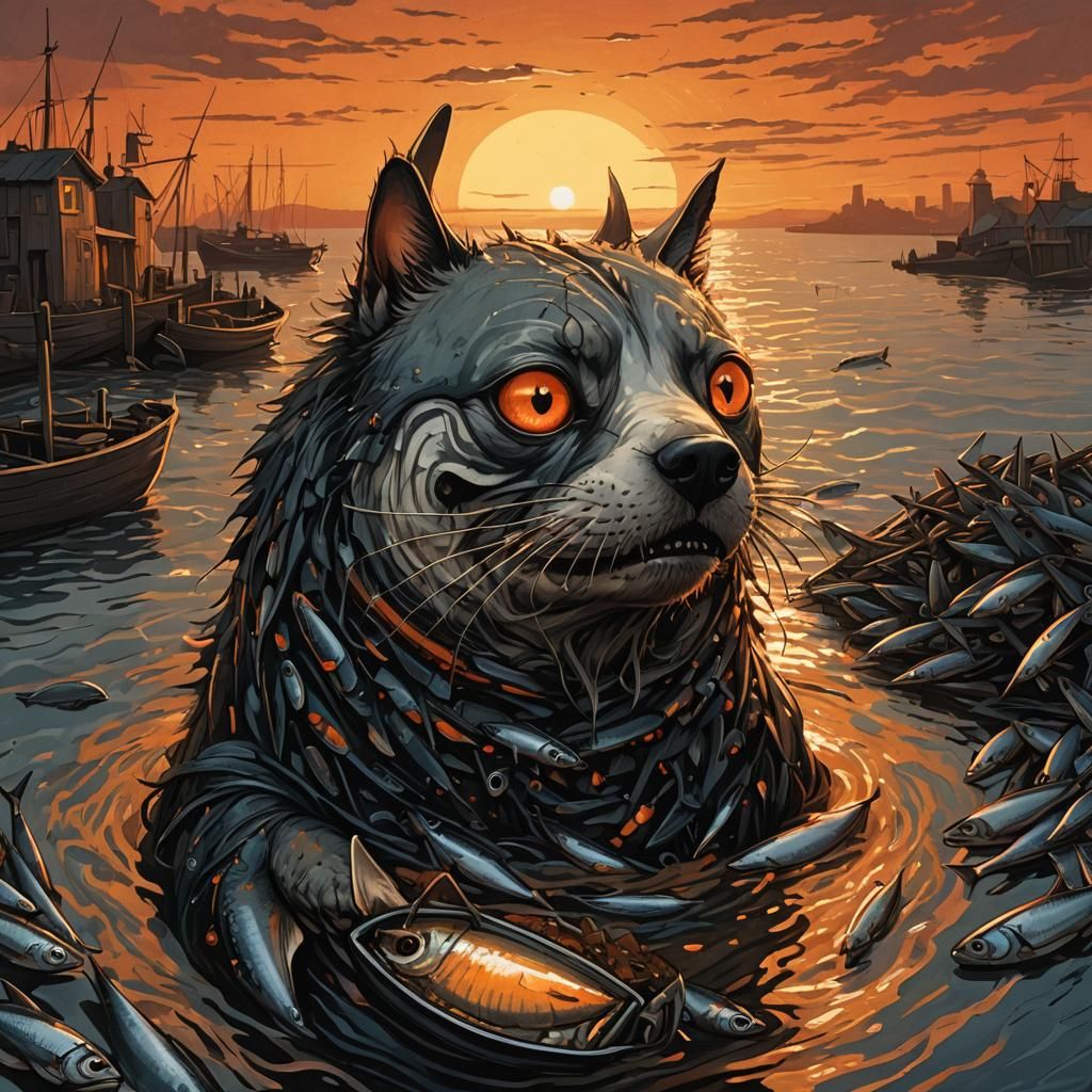 Scruffy Creature and Sardine in Synthwave Style