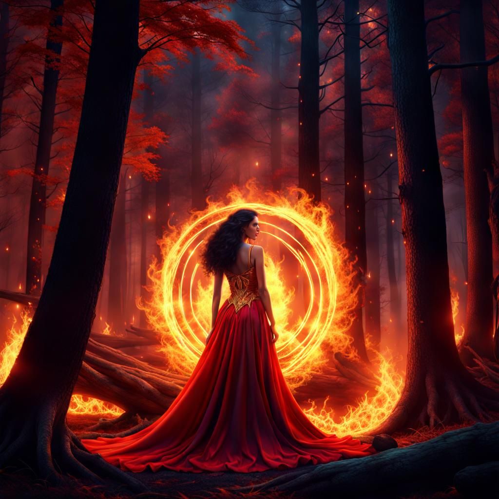 Woman Sleeping in Forest Fire Circle, Detailed Matte Paintin...