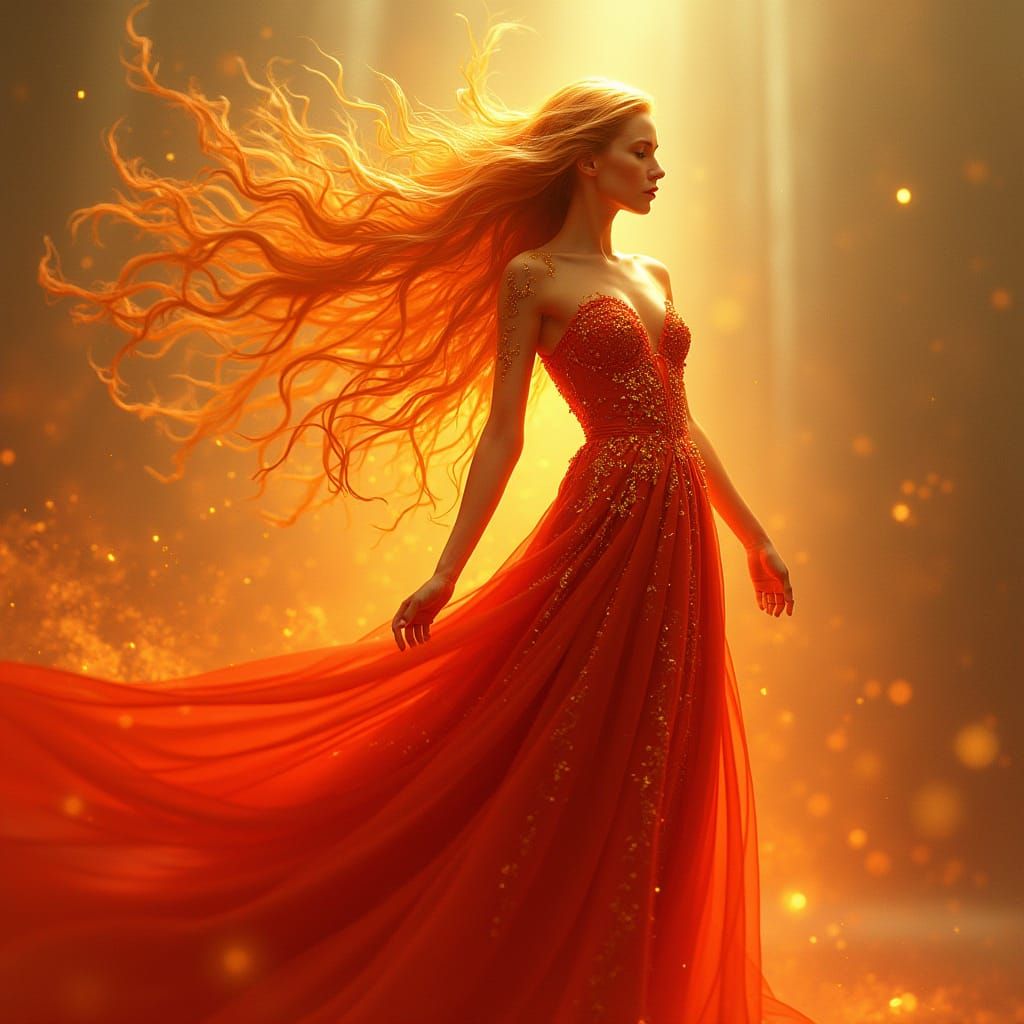 Elegant Lady Dances with Infernal Flames in a Cyberpunk Drea...