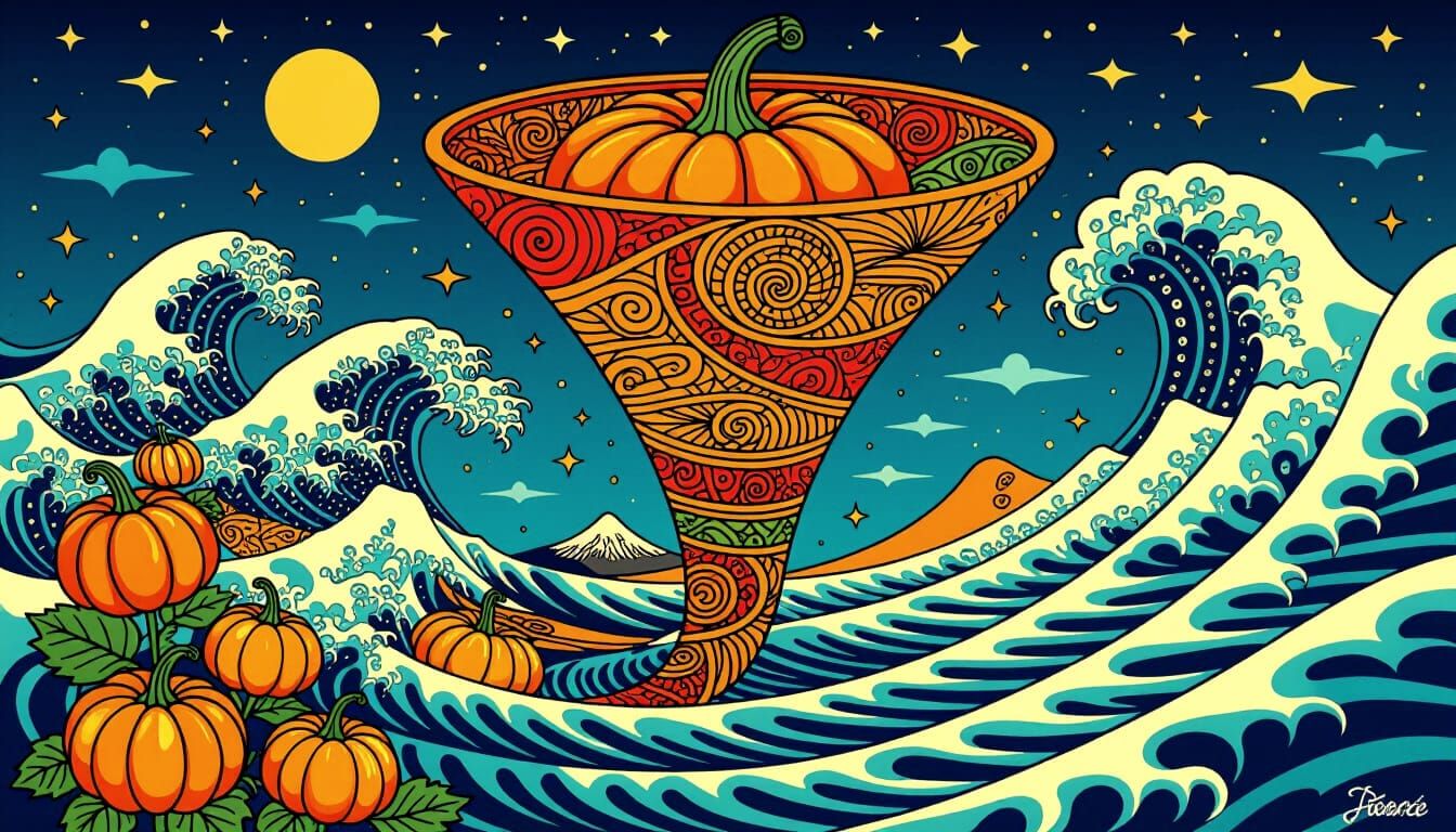 Vibrant Pumpkin Spice Cornucopia Art in Mixed Styles