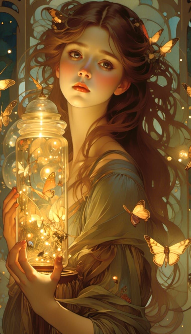 <lora:Art Nouveau:1.0> highly detailed portrait of a pretty girl opening an ornate jar of fireflies. She is surrounded b...