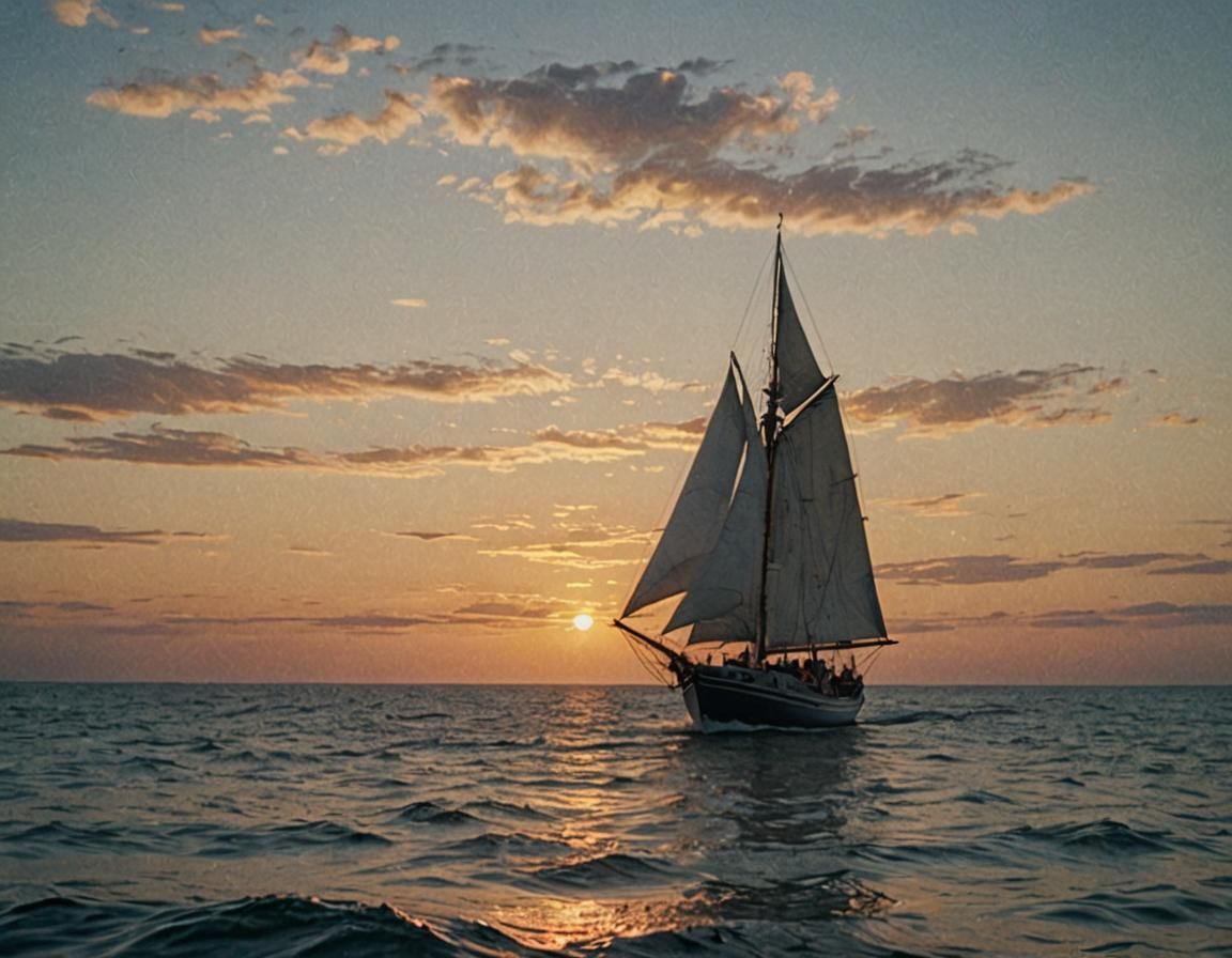 Sailboat at Sea During Sunrise: Impressionist Gouache Style