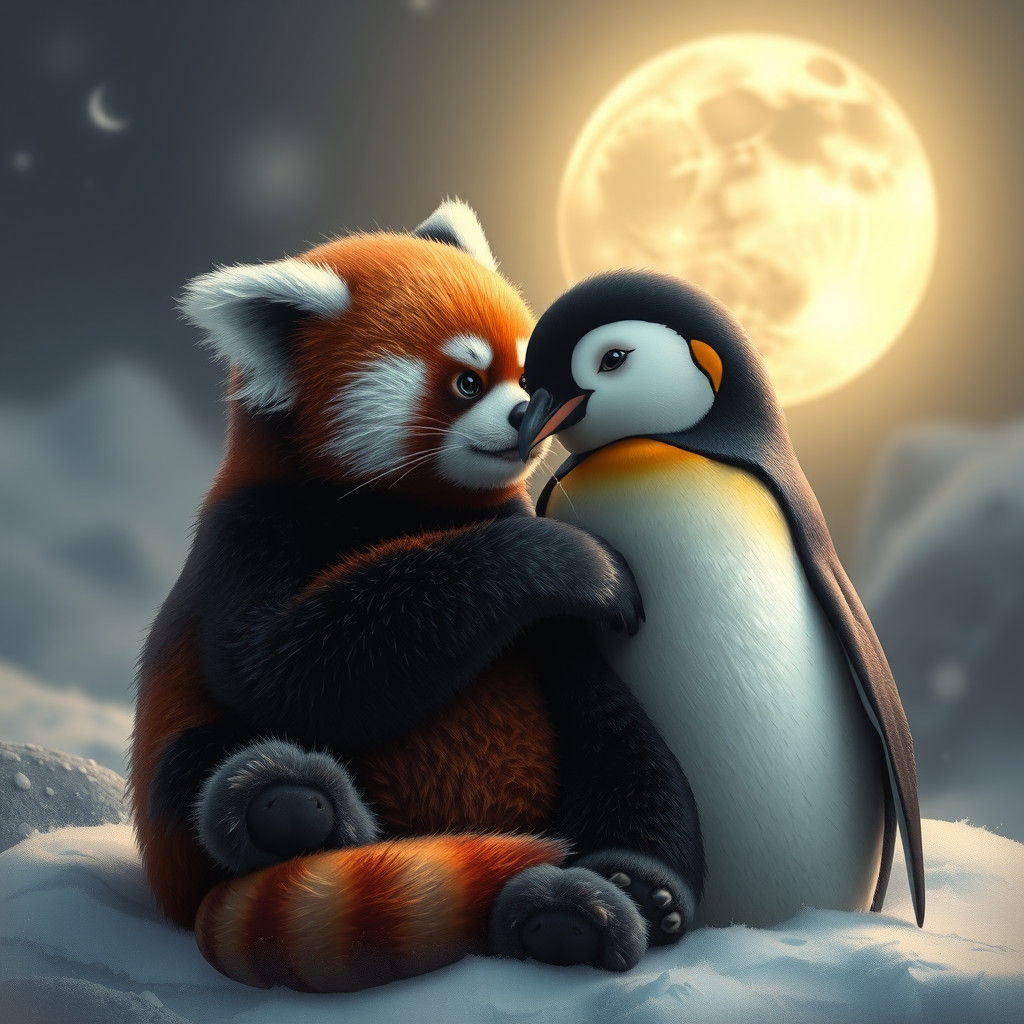 Red Panda and Penguin Cuddle Under Moon