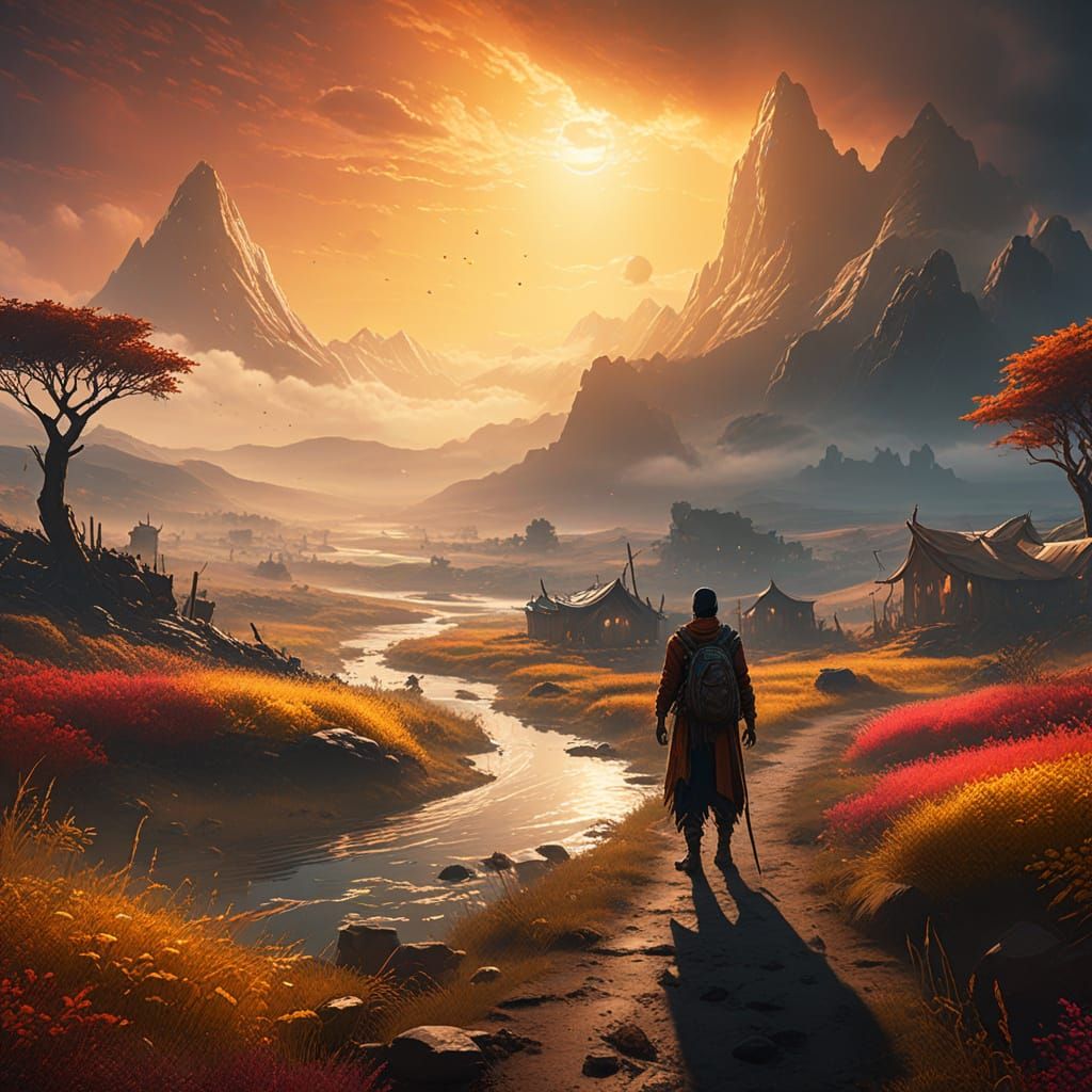 Refugee in a Vibrant Fantasy Landscape