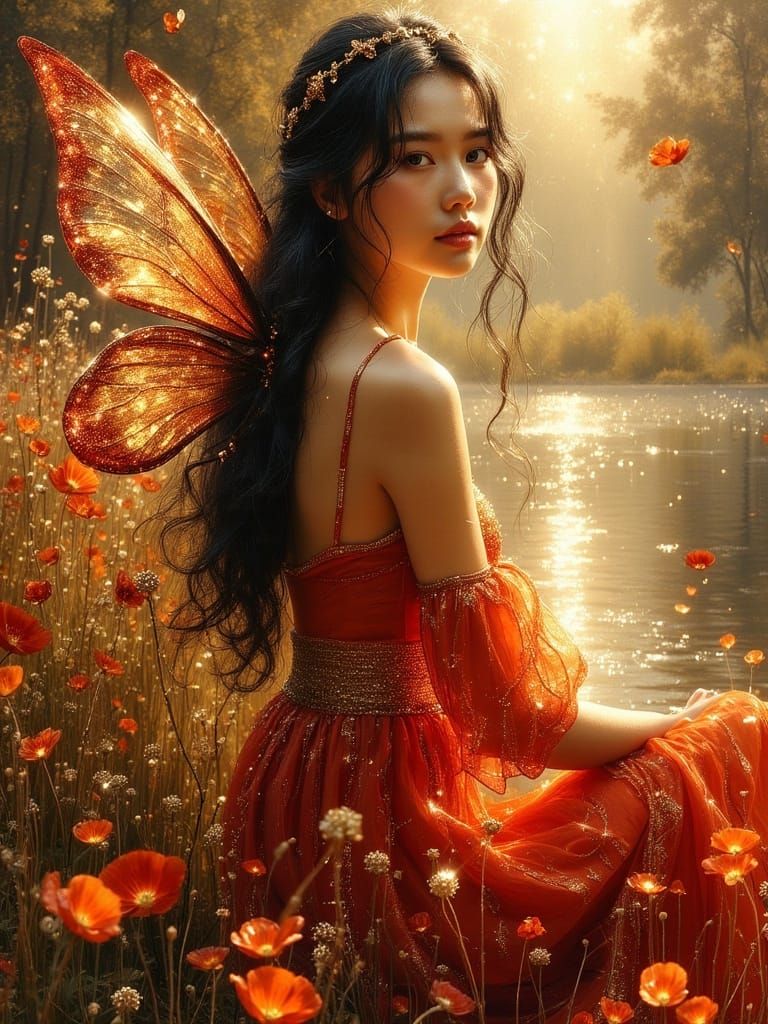 Ethereal Pre Raphaelite Woman with Fairy Wings in a Poppy Ga...