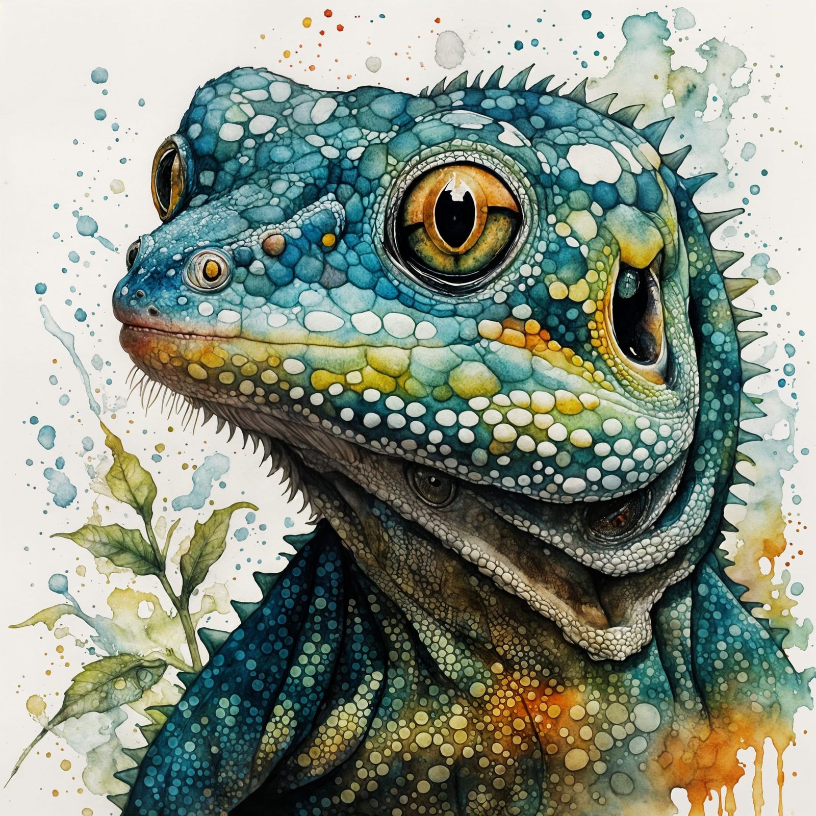 Vibrant Watercolor Gecko Portrait with Botanical Accents