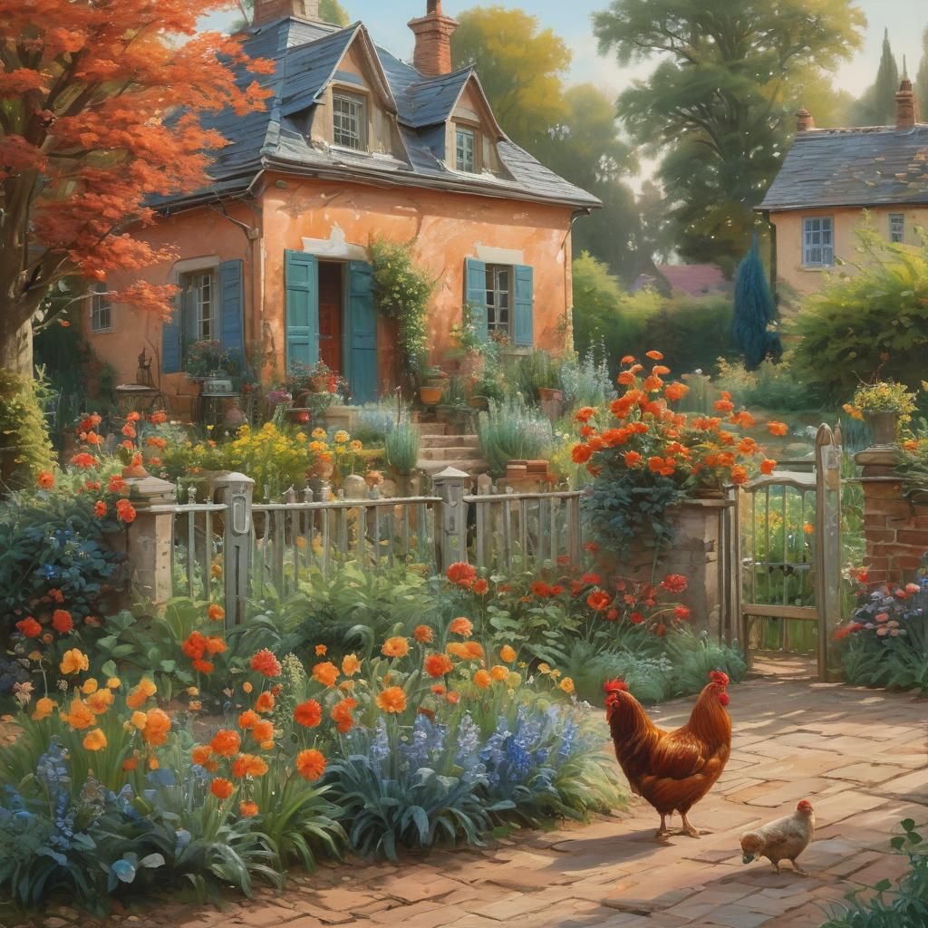 Idyllic Country Houses with Chickens: An Oil Painting