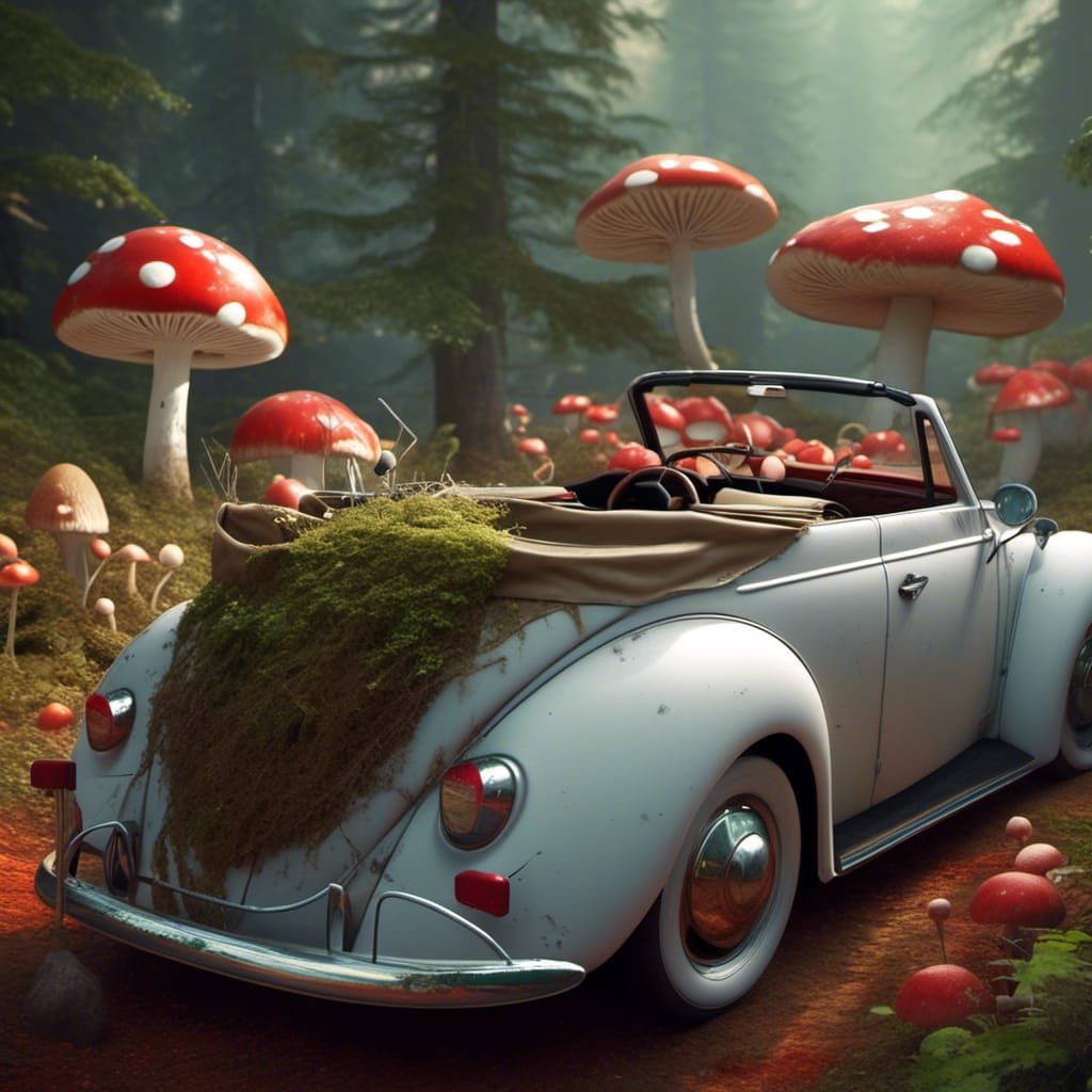 Mushroom Character Drives a VW Bug: Fantasy Concept Art