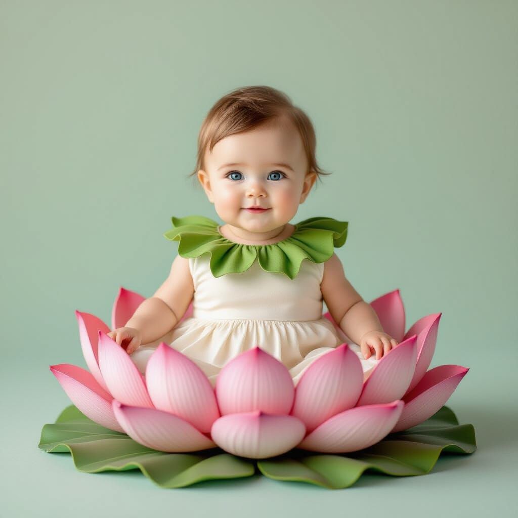 Baby in Lotus Gown: Hyperrealistic Portrait