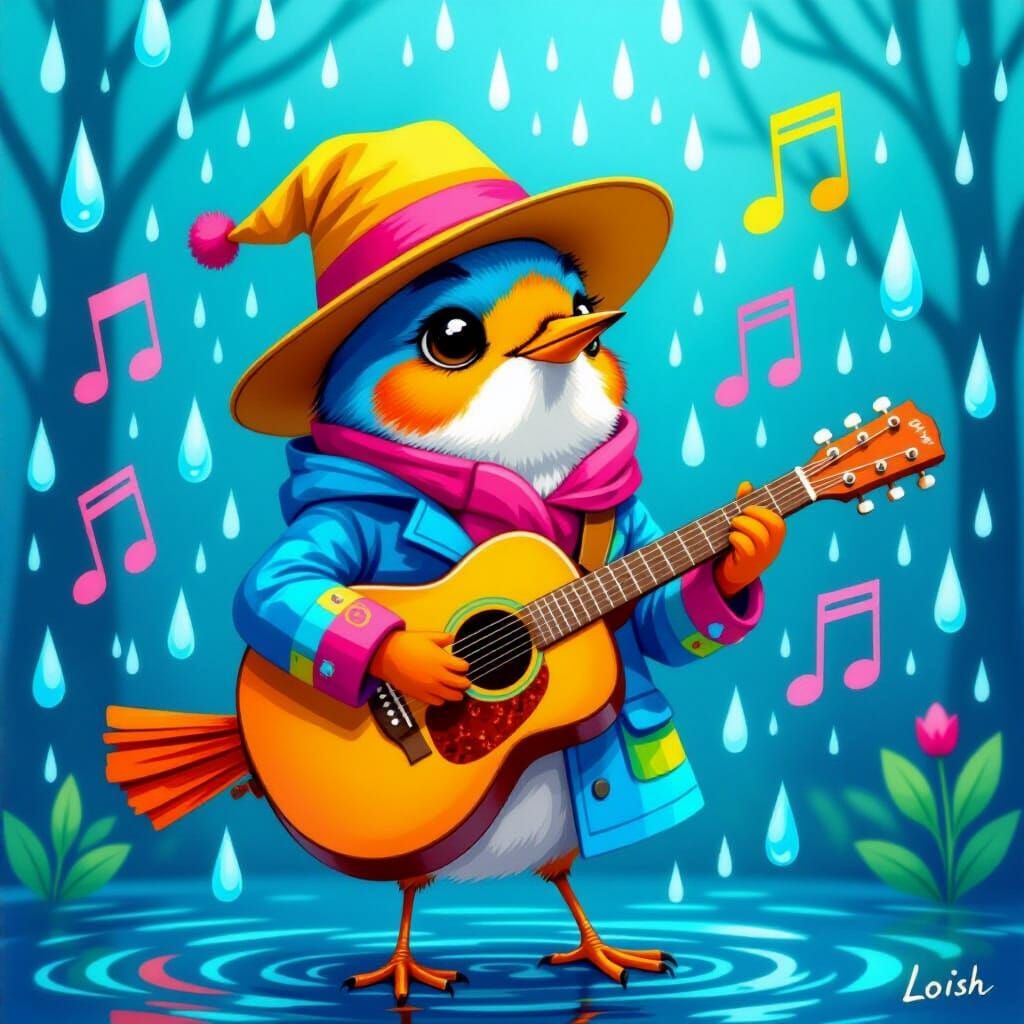 Robin's Rainy Day Serenade: A Whimsical Illustration