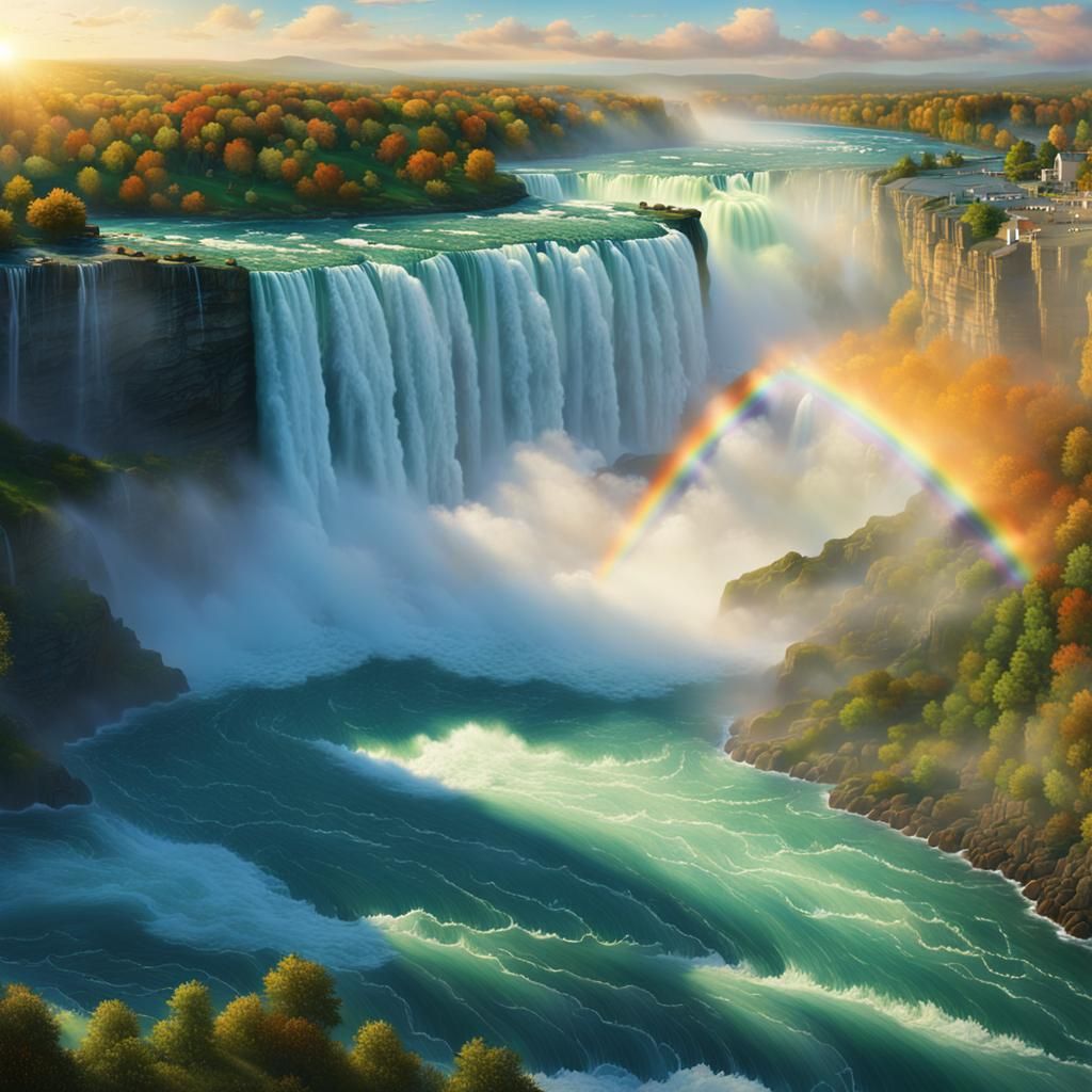 Niagara Falls at Dawn with Vibrant Rainbow