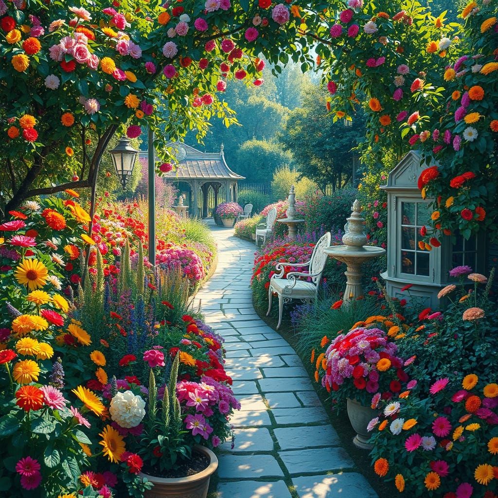 Lush Impressionist Garden in Vibrant Color