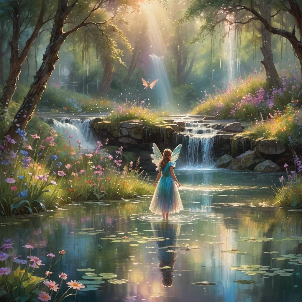 Enchanted Fairyland Forest, waterfall, pond, wildflowers, bi...