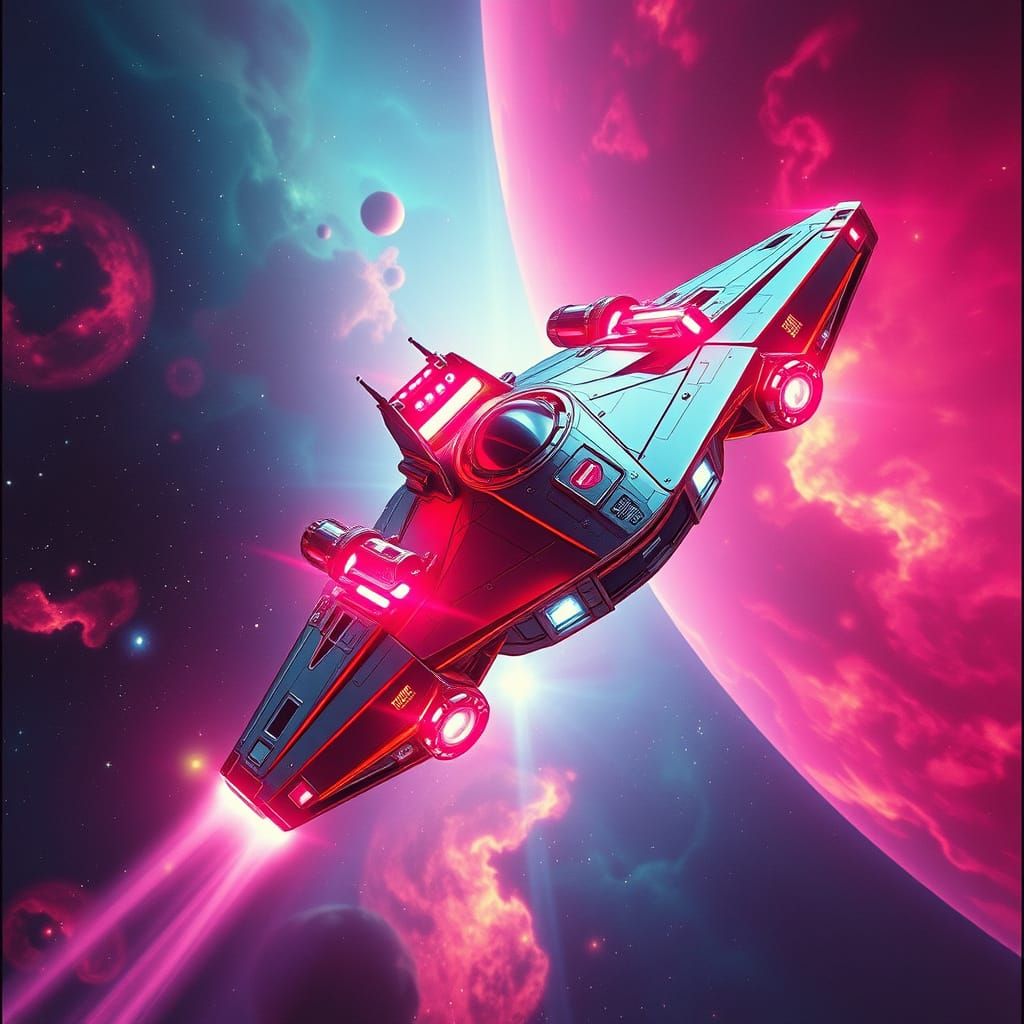 Cyberpunk Spaceship Soars Through Nebula