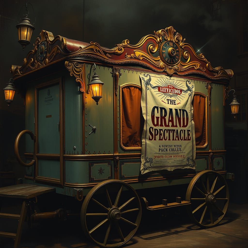 Vintage Circus Wagon Illuminated by Gas Lamps