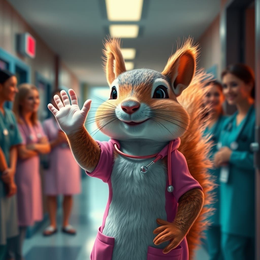 Squirrel Waving Goodbye in Hyperrealistic Digital Art