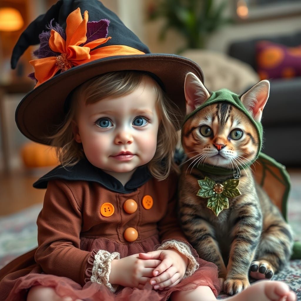 Whimsical Witch Girl with Dragon Cat