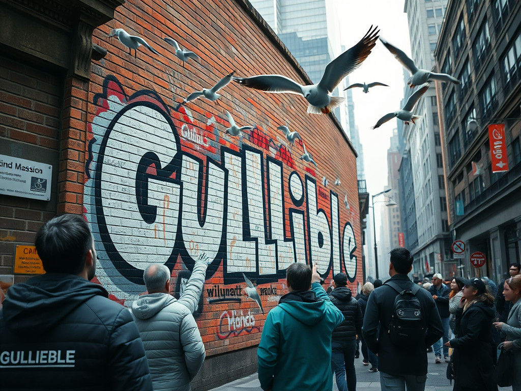 Graffiti Seagulls in Hyperrealistic Urban Scene