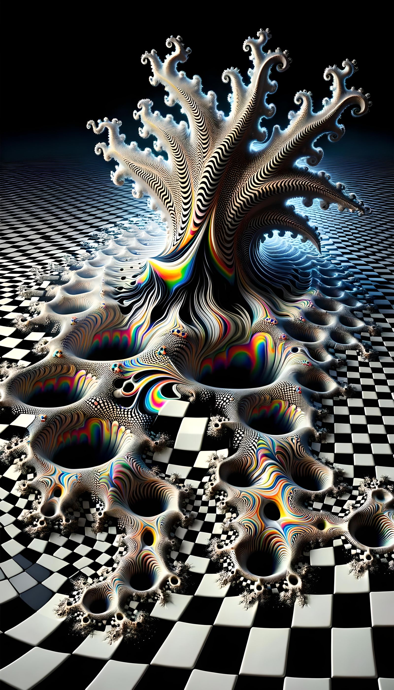 Surreal Fractal Landscape with Psychedelic Cuttlefish
