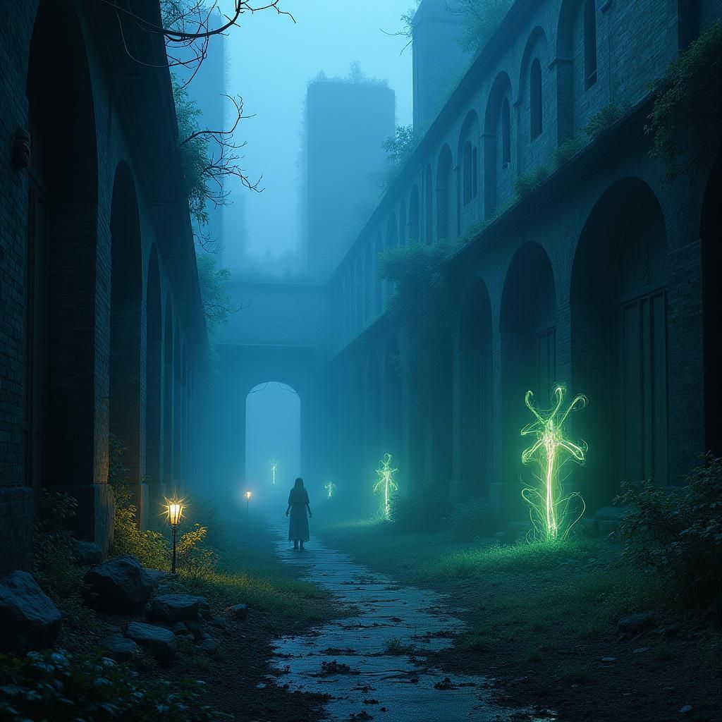 Eerie Glowing Cityscape in Dark Surreal Style