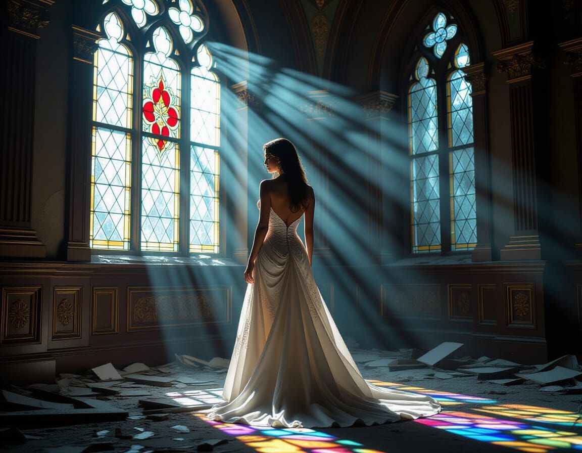 Damaged Woman in Dramatic Light from Shattered Window