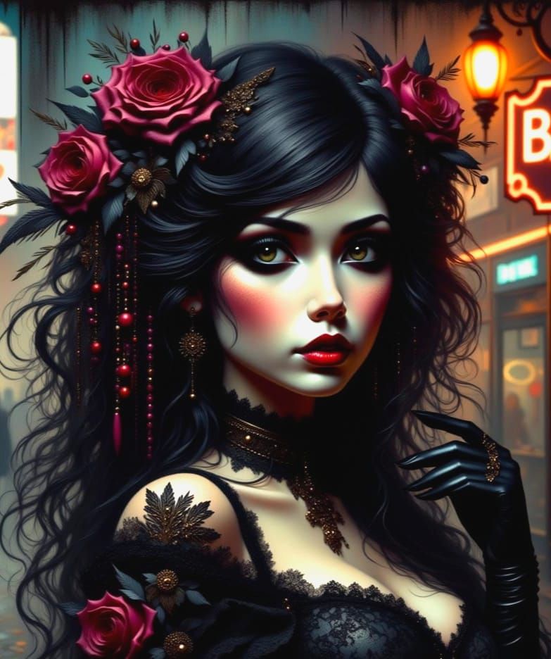 Gothic Diva with Red Lips and Lace Boots