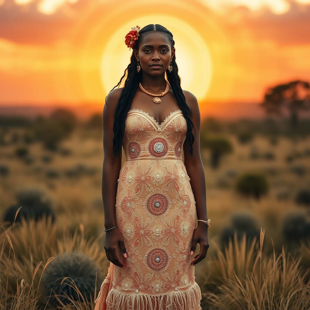 Indigenous Actress in Dreamtime Landscape, Australian Sunset