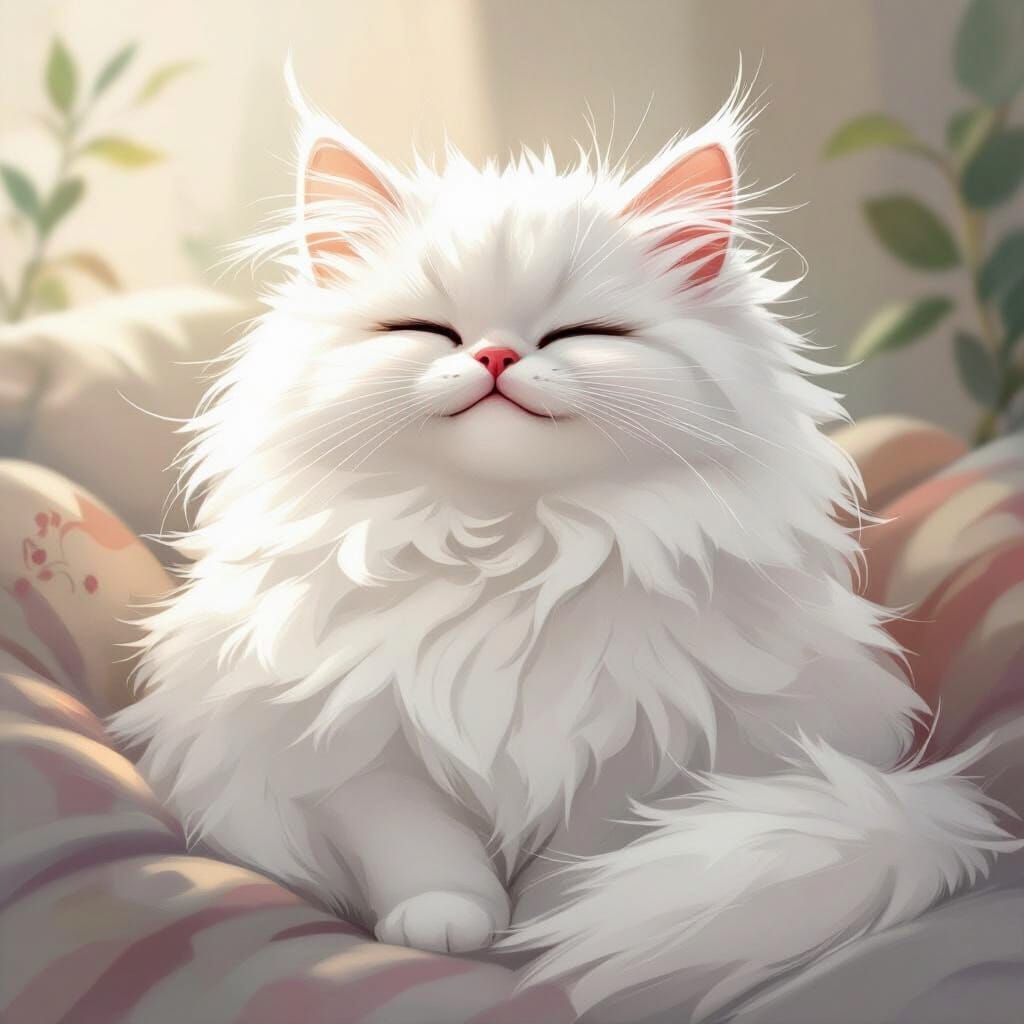 Cute Persian Cat Purring in Anime Art Style
