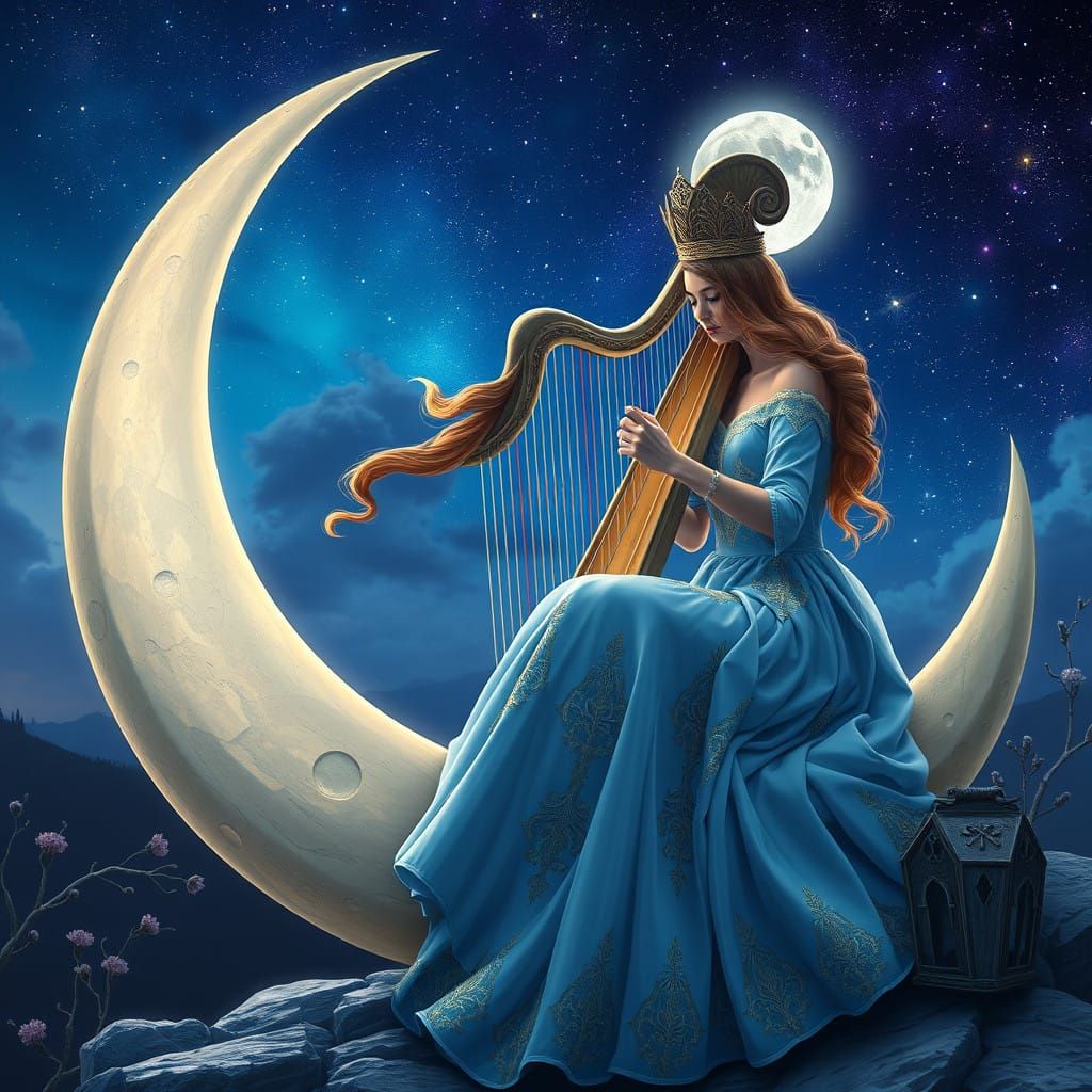 Ethereal Fantasy Lady Plays Harp Under Crescent Moon