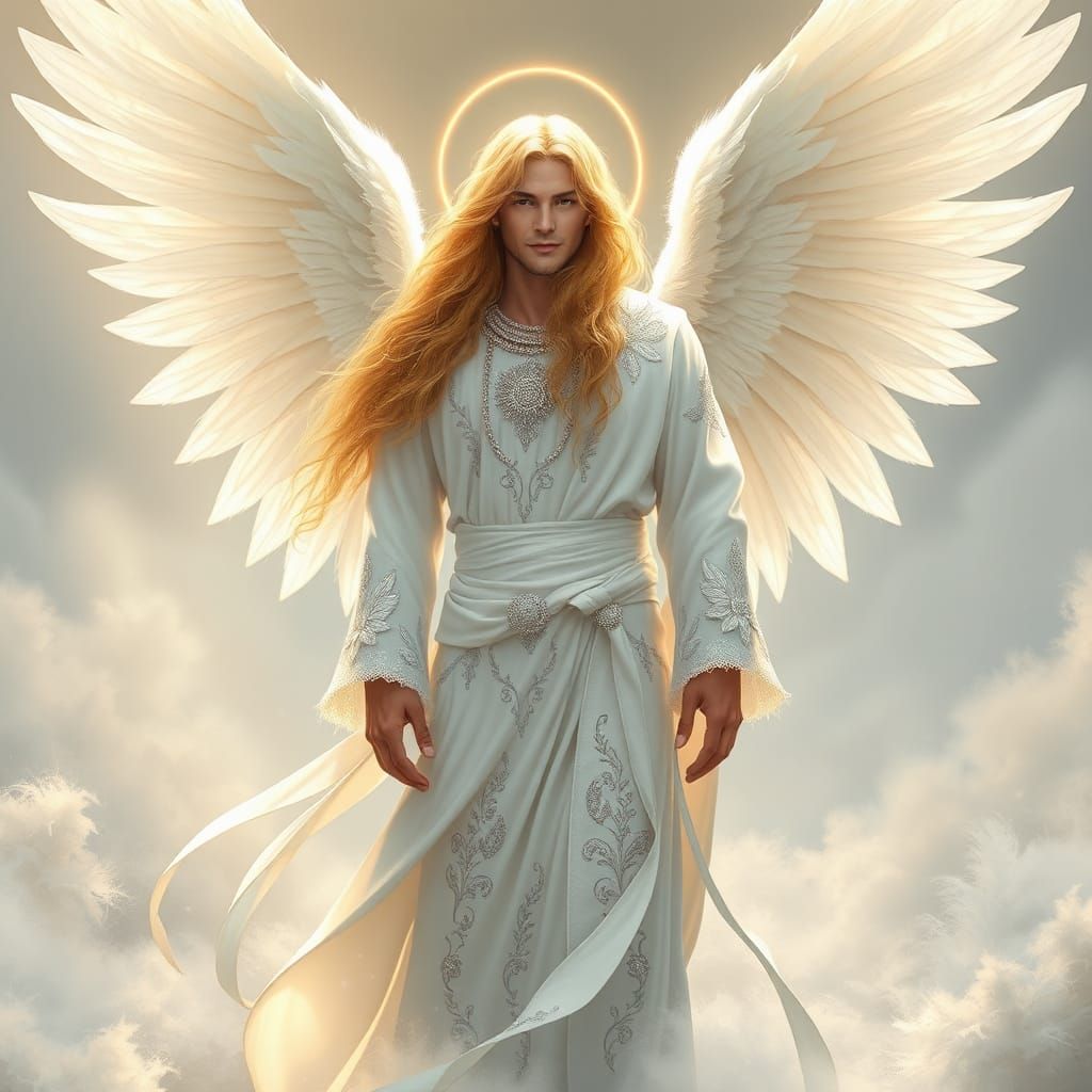 Male Angel with Flowing Hair in Ethereal Setting