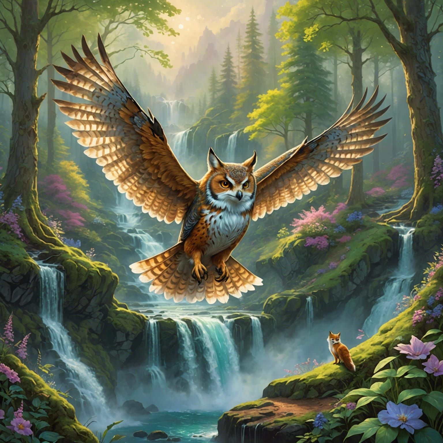 Owl-Fox Hybrid Soaring Over Spring Waterfall