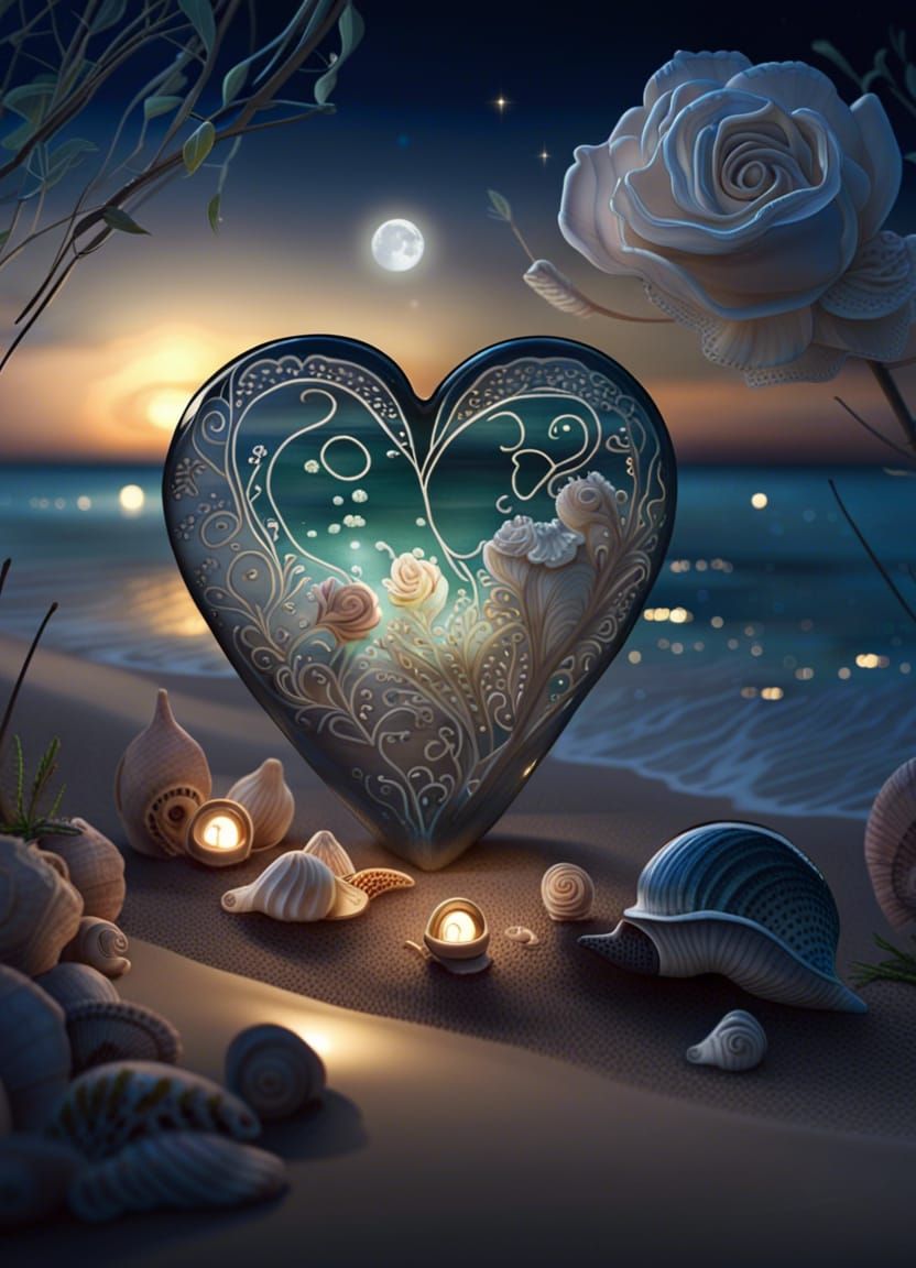 Luminous Filigree Glass Heart on Moonlit Coast