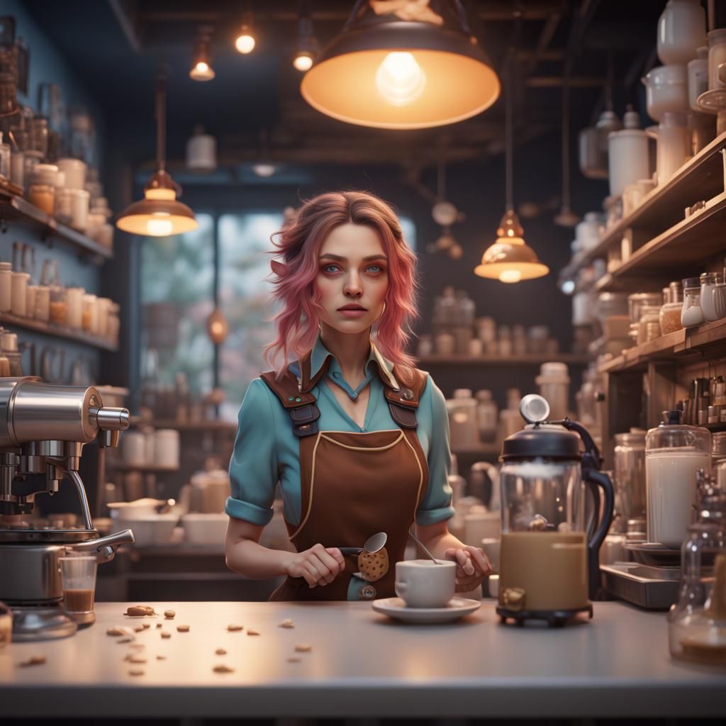 Cute Barista in Detailed Fantasy Concept Art