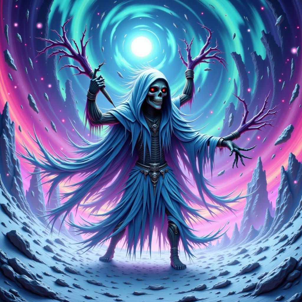 Ahkiyyini Skeleton Spirit Dancing in Aurora Borealis
