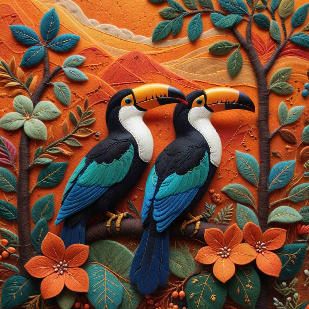 Folk Art Toucans on Vine in Felt Art Style