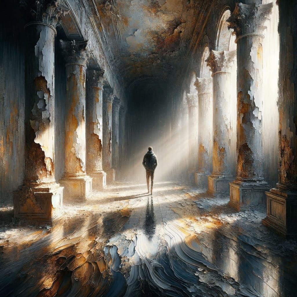 Decaying Corridor with Figure in Impasto Style