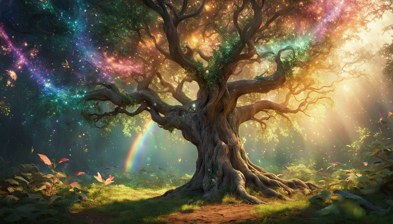 Majestic Tree with Fairies in a Vibrant, Iridescent Environm...