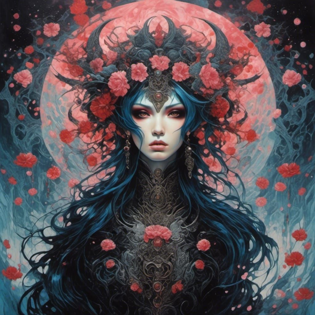 Gothic Anime Goddess with Cosmic Tribal Tattoos