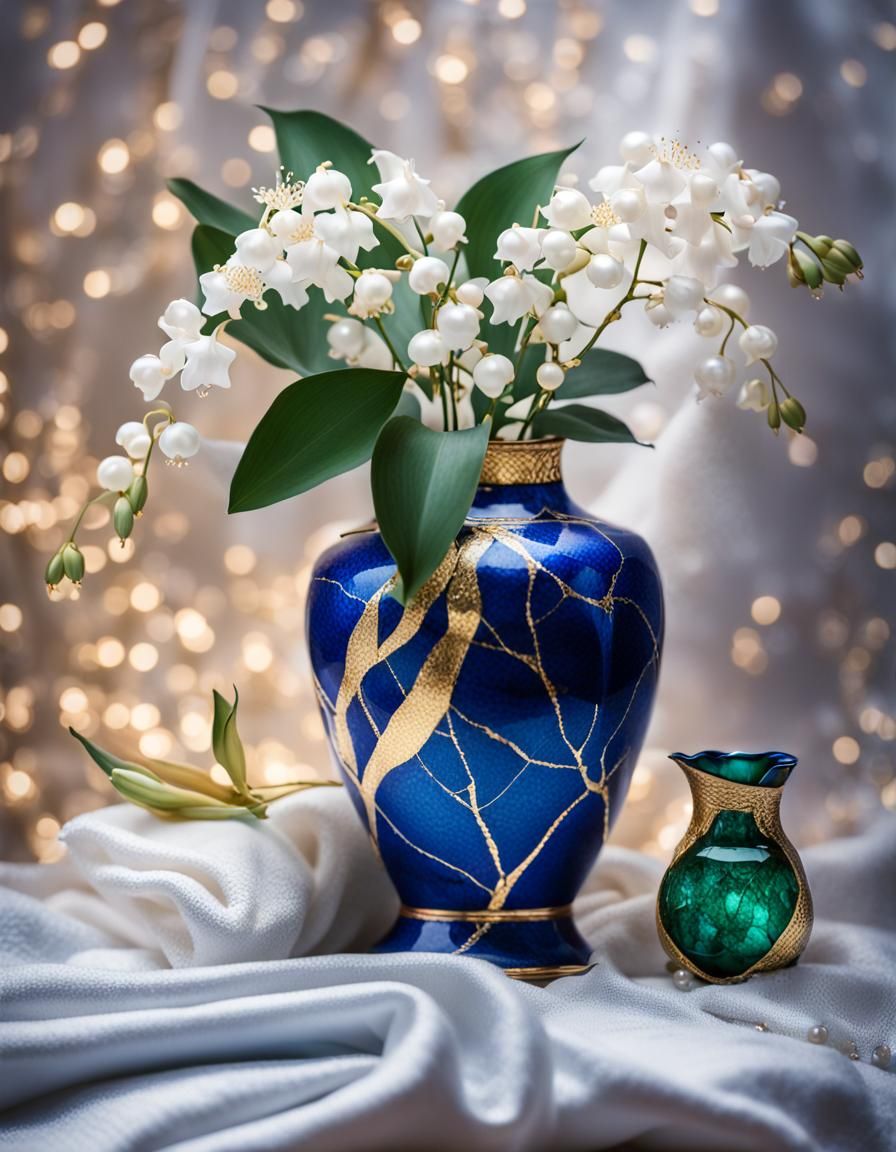 Luxury Kintsugi Vase with Flowers and Jewels