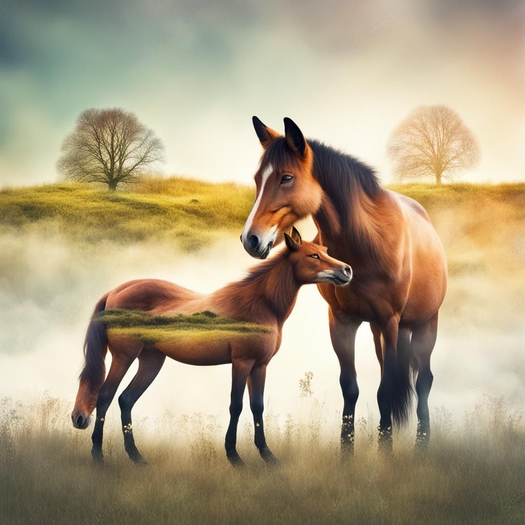 Double Exposure: Fox and Horse in Meadow