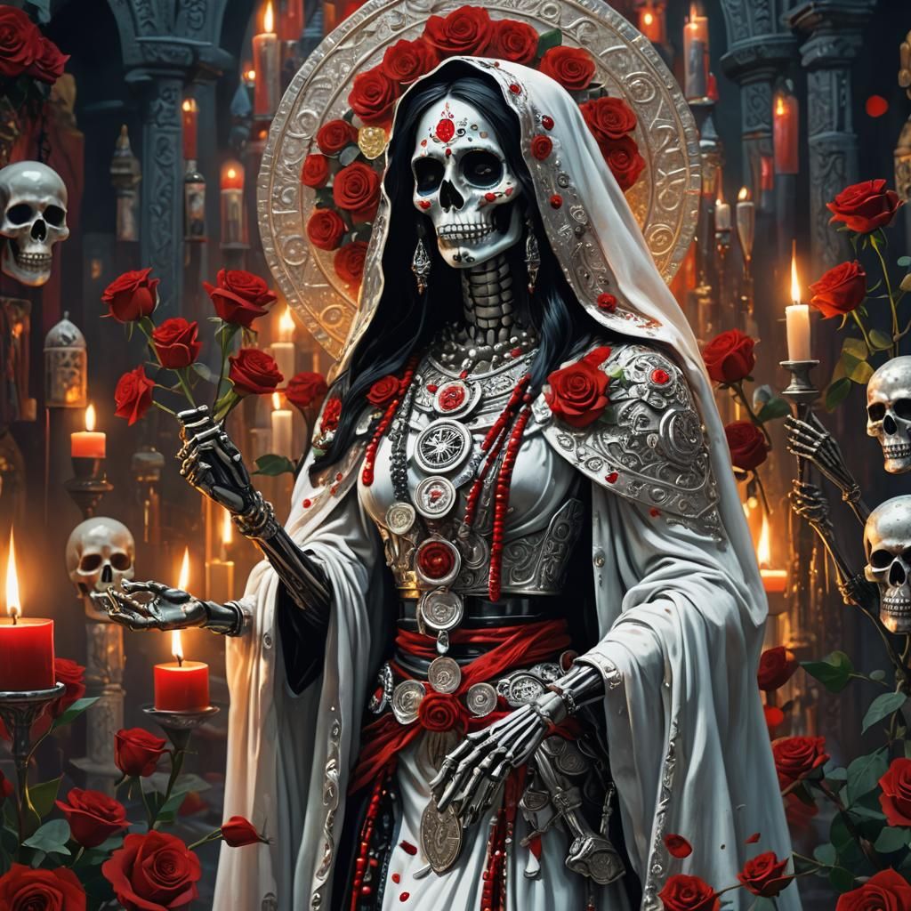La Santa Muerte Blanca with Roses and Silver Coins