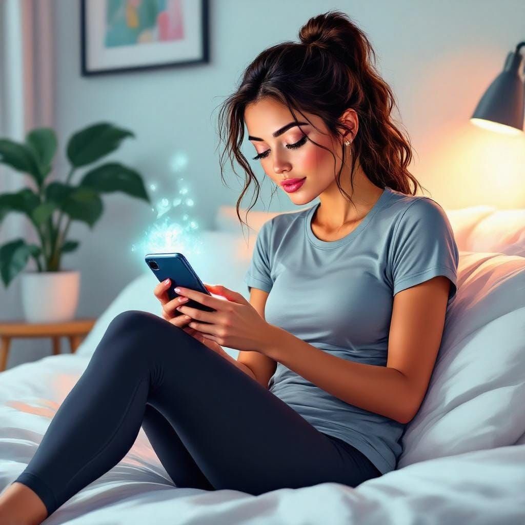 Woman Mesmerized by Phone, Dreamy Cartoon Style