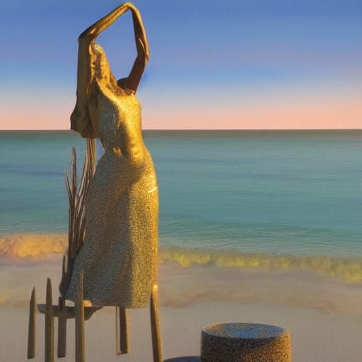 Vibrant Mosaic Statue Glows on Beachy Sunset