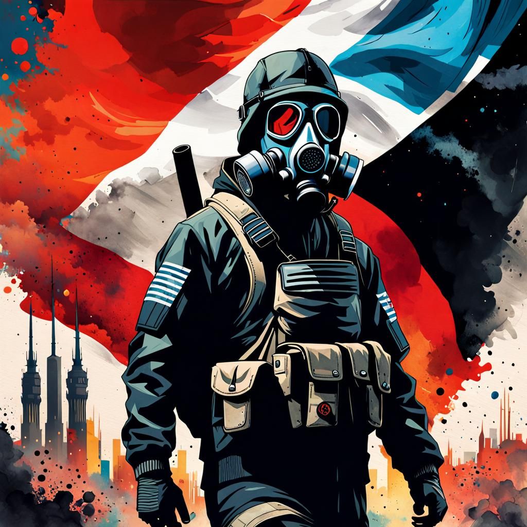 Soldier in Gas Mask Portrait in Watercolor Style