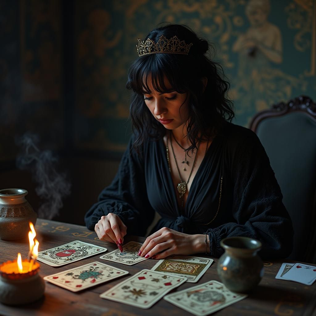 Mystical Tarot Reader in Dark, Detailed Setting