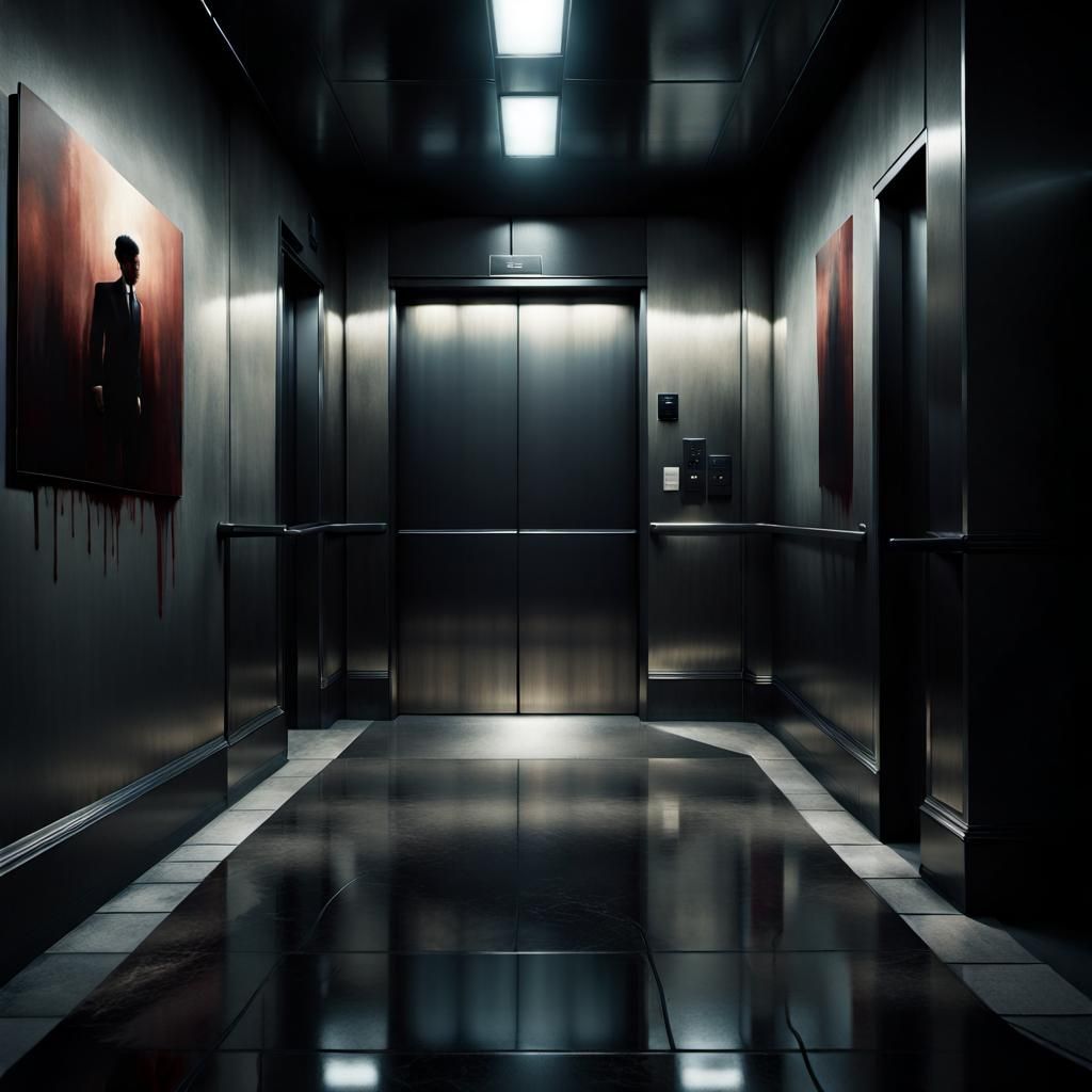 "An eerie photoreal UHD depiction of 'Something Untoward in a elevator', with a dark and foreboding color palette to set...