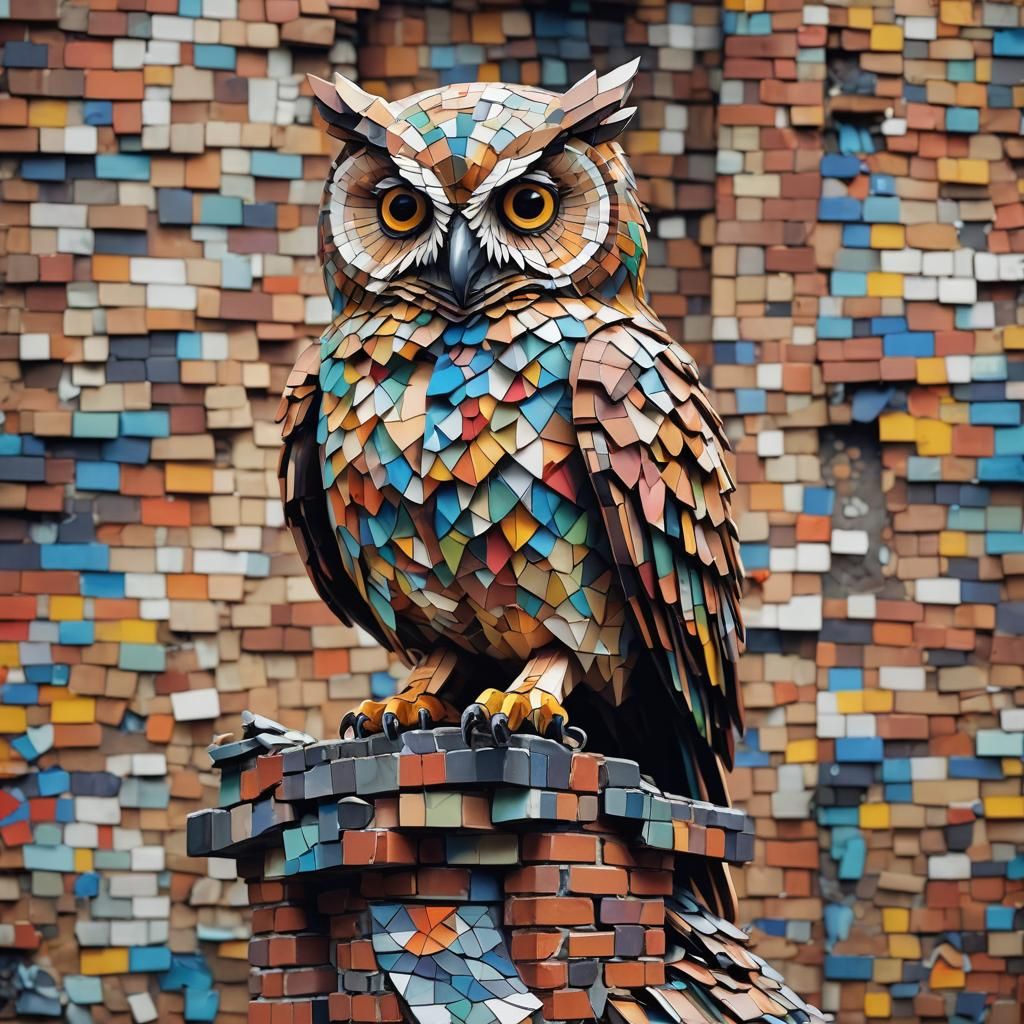 Colorful Mosaic Owl on Chimney, Papercraft Style