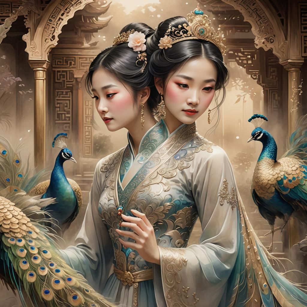Chinese Princess Petting Peacock in Ink Wash Drawing