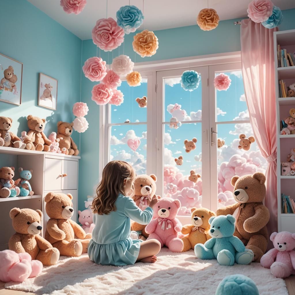 Teddy Bear Bedroom with Pastel Colors in Whimsical Style