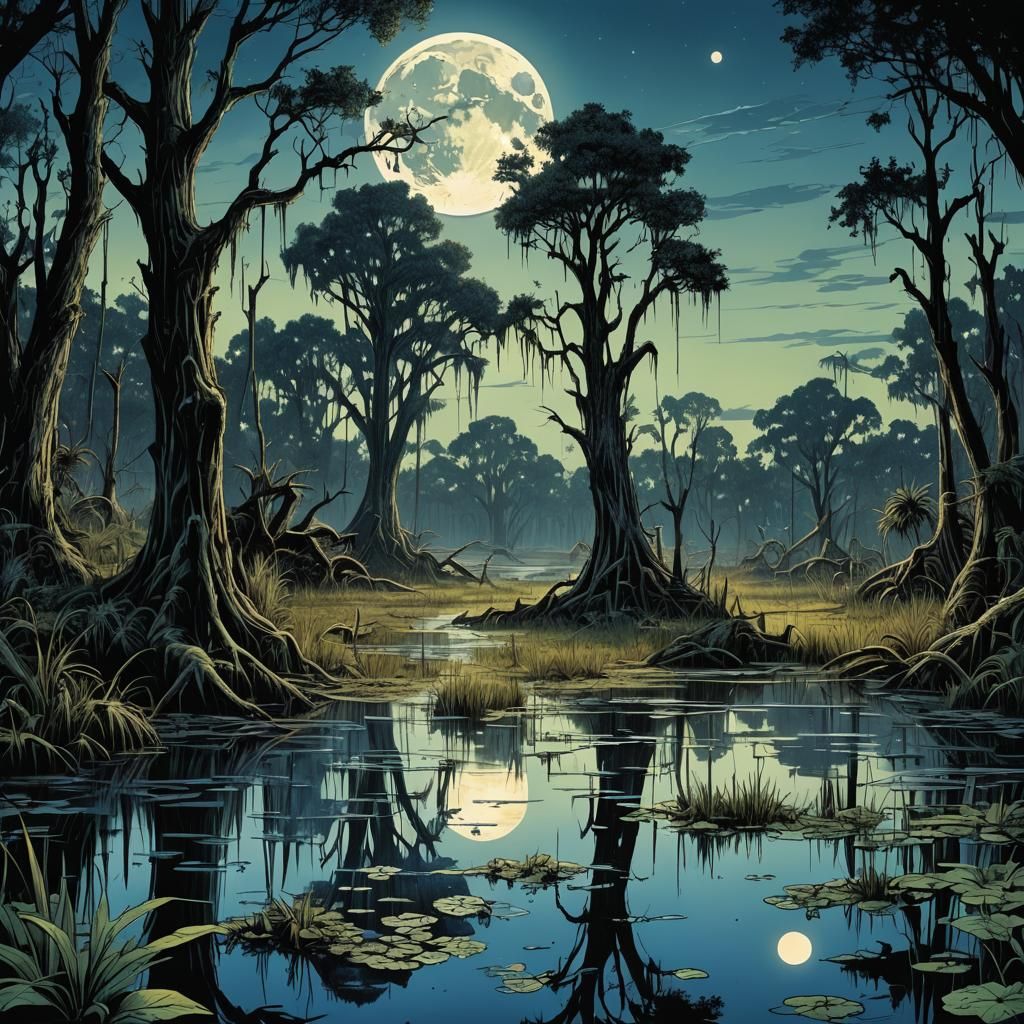 Louisiana swamps at night, with full blue moon in background...